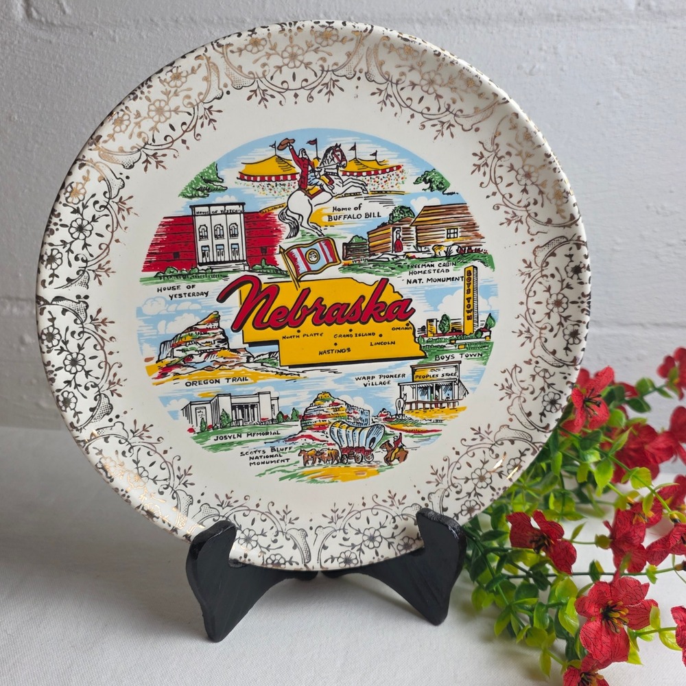 Vintage Nebraska State Souvenir Plate Gold Filigree Border Illustrated Map Retro